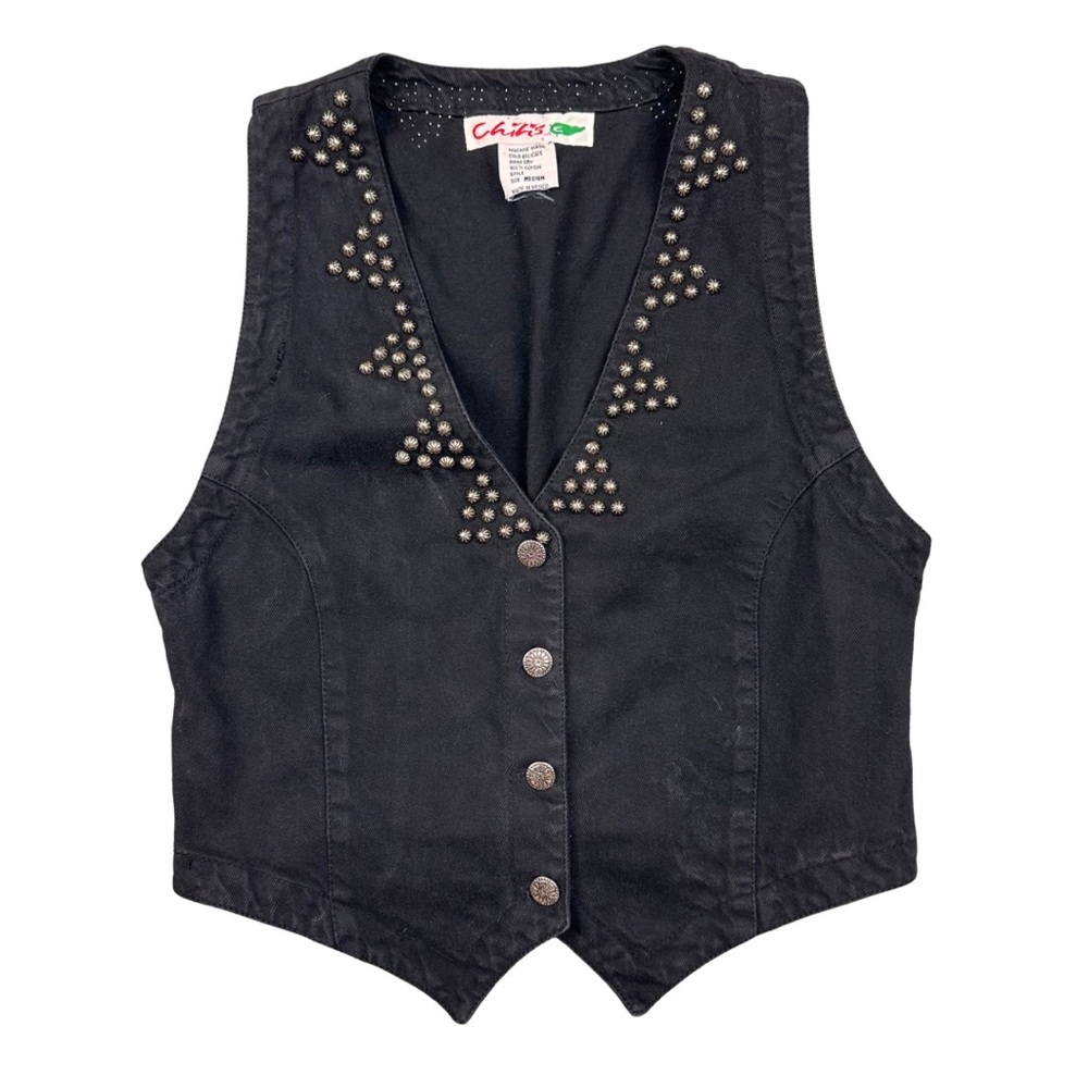 Chili's Western Cowgirl Studded Vest Black Denim SZ S Women's Mexico 100% Cotton